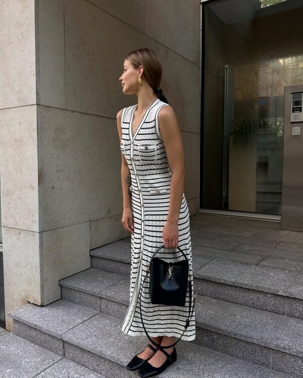 Zora Stripped Button Up Knit Midi Dress - Image 3