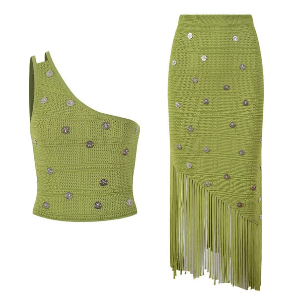 Gina One-Shoulder Knit Top and Skirt Set with Tassel Hem - Image 3