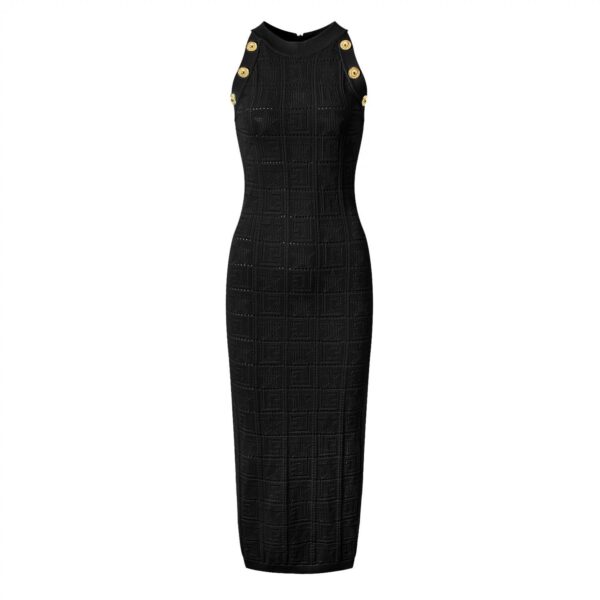 Ember Sleeveless Mesh Knit Midi Dress with Gold Buttons - Image 2