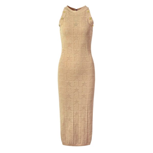 Ember Sleeveless Mesh Knit Midi Dress with Gold Buttons