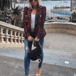 Charmaine Navy Red Plaid Double Breasted Blazer