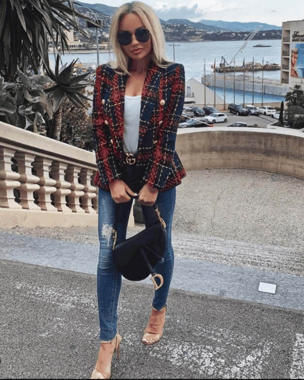 Charmaine Navy Red Plaid Double Breasted Blazer