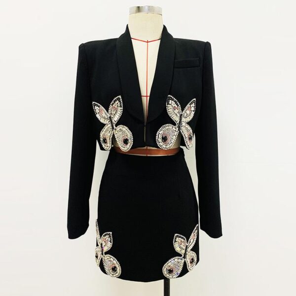 Madeline Black Crystal Butterfly Black Blazer and Mini Skirt Two Piece Set - Image 2
