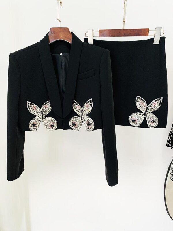 Madeline Black Crystal Butterfly Black Blazer and Mini Skirt Two Piece Set - Image 3