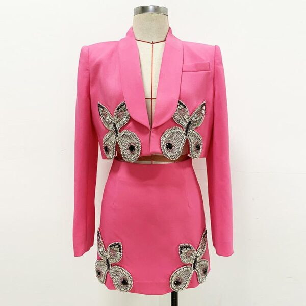 Madeline Pink Crystal Butterfly Black Blazer and Mini Skirt Two Piece Set - Image 4