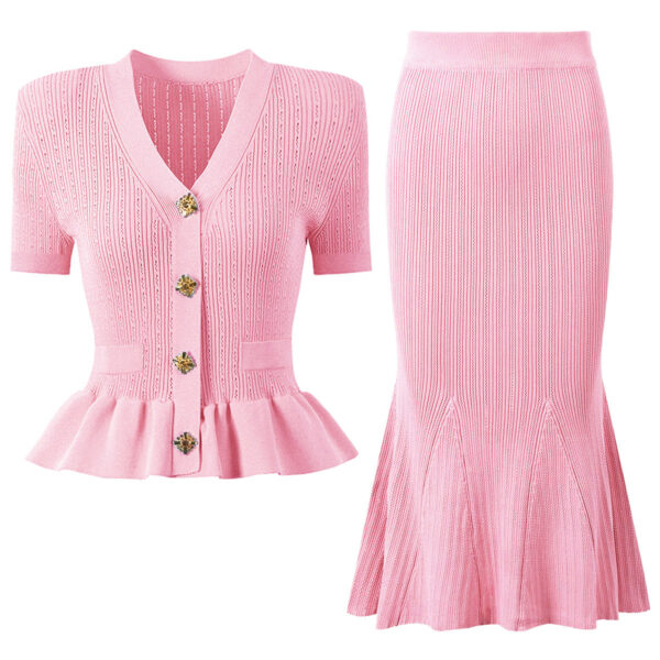 Alessandra Peplum Button Up Cardigan and Midi Skirt Set - Image 3