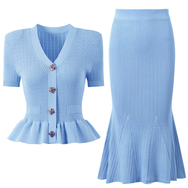 Alessandra Peplum Button Up Cardigan and Midi Skirt Set - Image 4