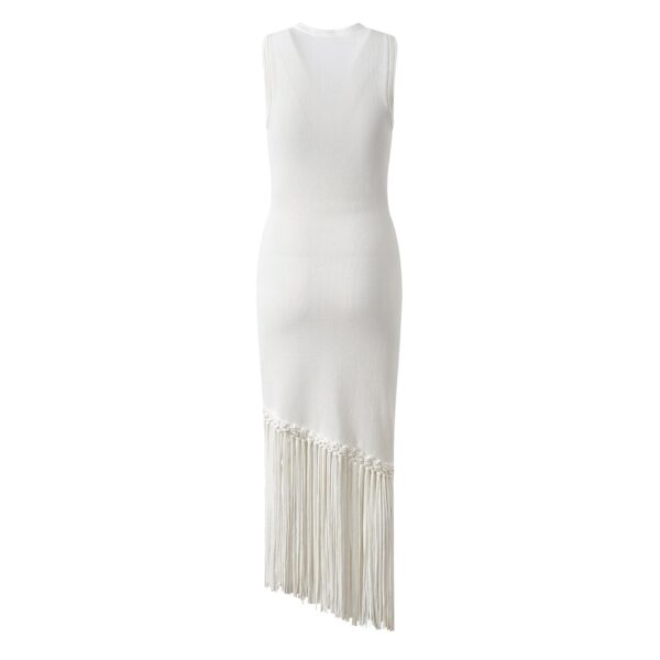 Celestia Sleeveless White Knit Midi Dress with Tassel Hem - Image 5