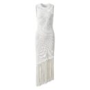 Celestia Sleeveless White Knit Midi Dress with Tassel Hem