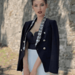 Rita Black Rhinestone Trim Double Breasted Blazer