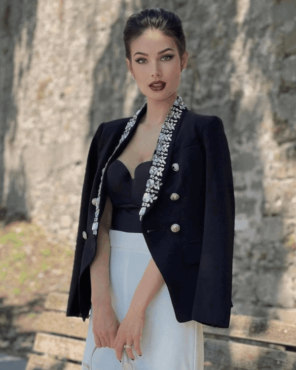 Rita Black Rhinestone Trim Double Breasted Blazer - Image 2