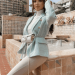 Taylor Light Green Tweed Double Breasted Blazer