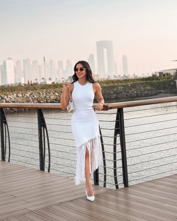 Celestia Sleeveless White Knit Midi Dress with Tassel Hem - Image 3